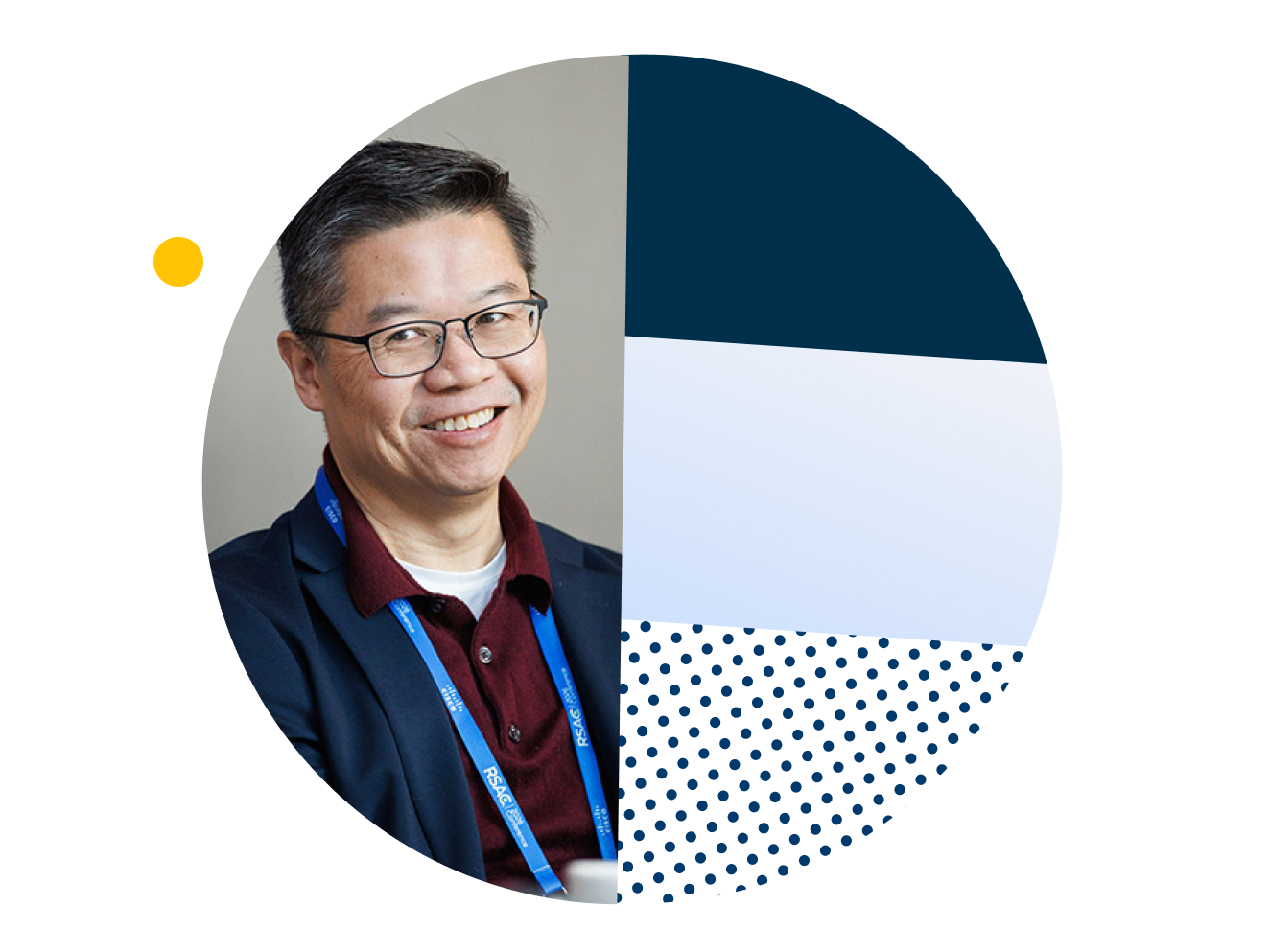 Smiling man wearing glasses, a navy blazer, burgundy shirt, and blue RSAC lanyard. The circular design features navy and light blue geometric sections with a dotted pattern against a dark blue background.
