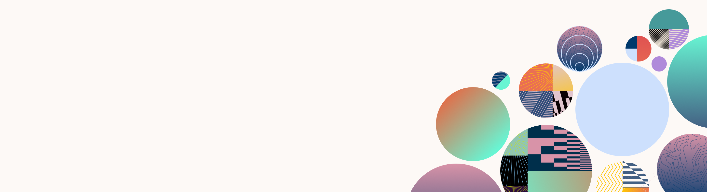 Abstract arrangement of colorful circles featuring gradients, geometric patterns, concentric rings, and pixelated designs in blue, purple, orange, pink, and mint green.