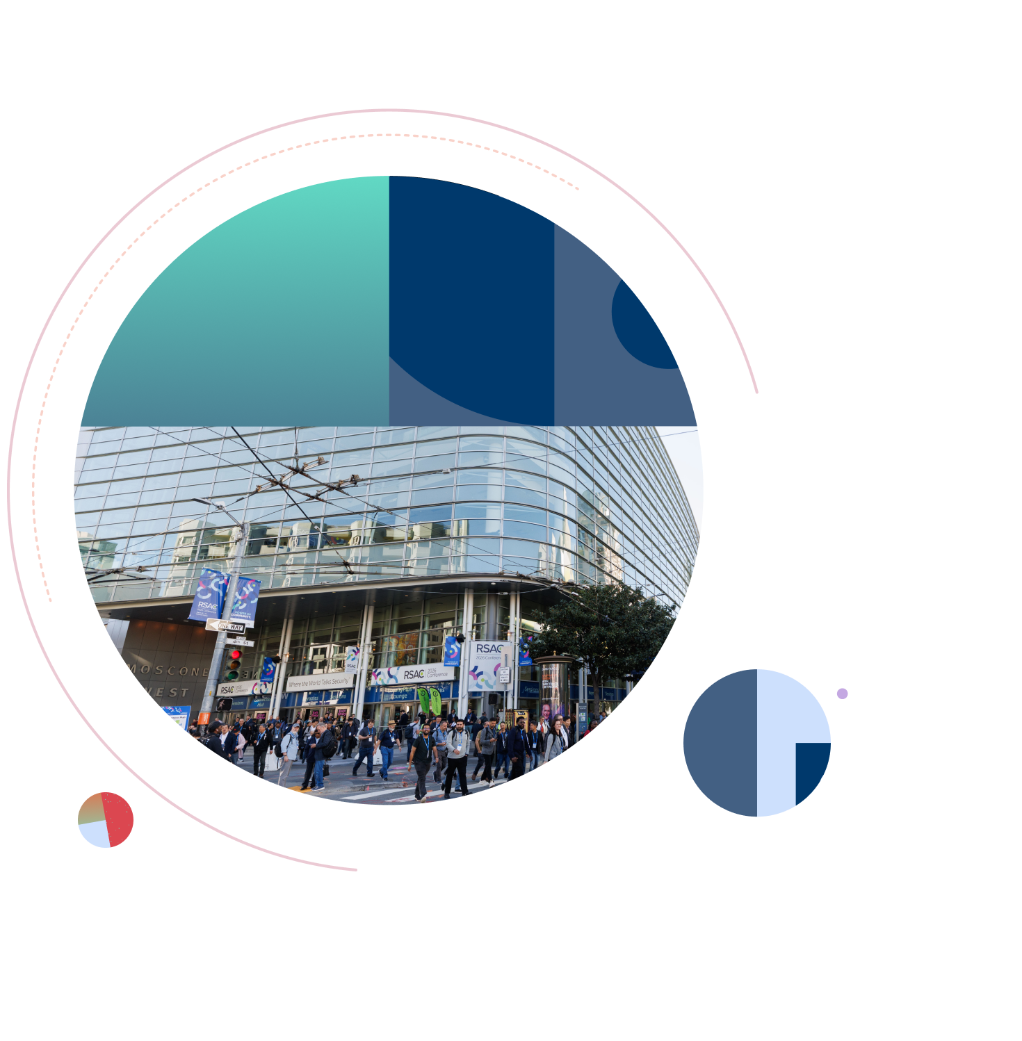 Exterior of a glass convention center with attendees walking near the entrance and RSAC banners displayed outside. The circular design features teal and navy geometric shapes with decorative pink outlines.