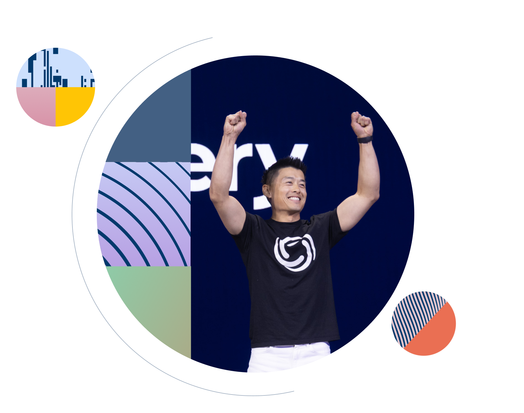 Smiling male speaker raising both fists in celebration on stage, framed by navy blue, light blue, and purple geometric shapes.