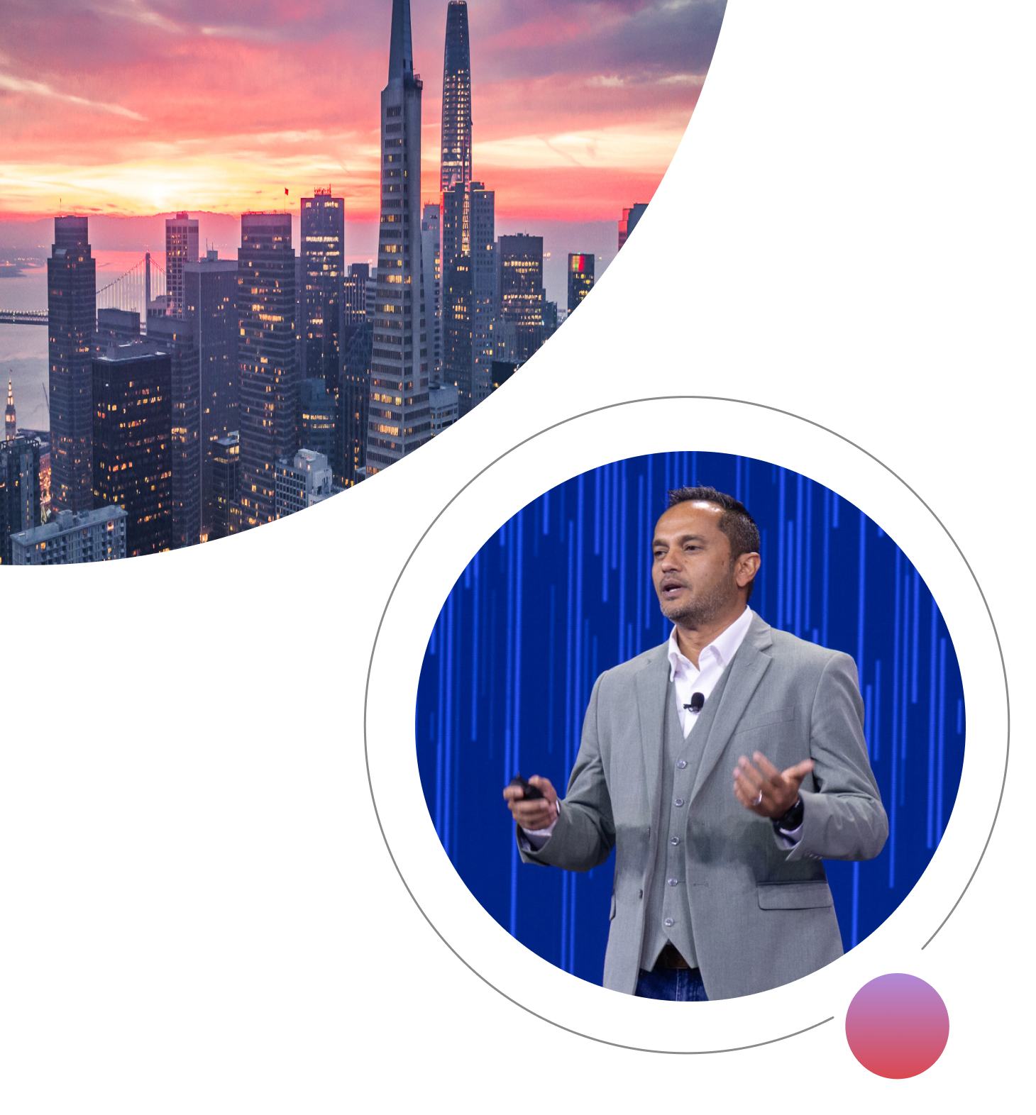 San Francisco skyline at sunset featuring the Transamerica Pyramid and Salesforce Tower, paired with a male speaker presenting on stage against a blue background.