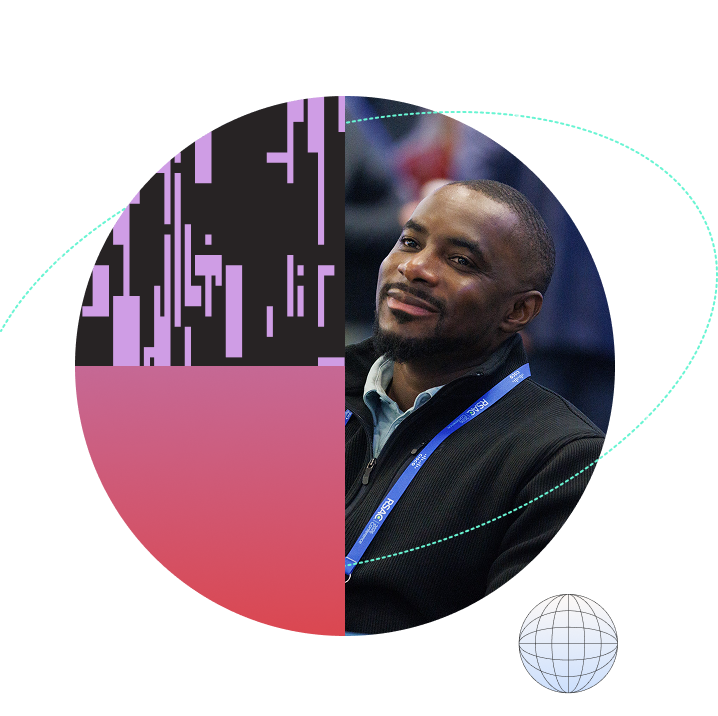 Cybersecurity professional smiling at an event, framed by colorful geometric shapes and circular graphics.