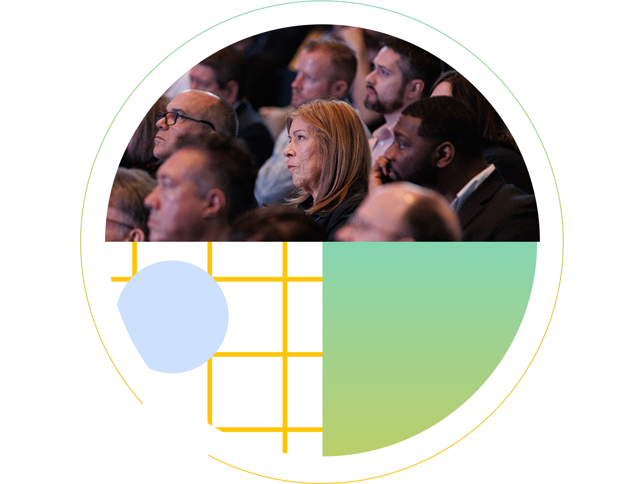Conference attendees seated in an audience, featuring a woman with red hair at the center. The circular image includes navy blue, yellow grid lines, a light blue circle, and a green gradient.