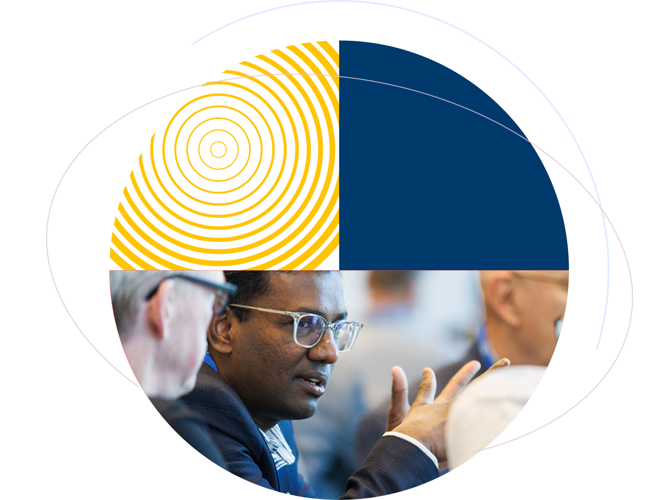 Smiling attendee wearing glasses, a navy blazer, and an RSAC lanyard, framed by a circular graphic with navy blue and dotted geometric patterns.