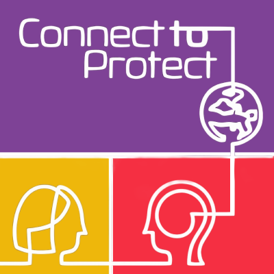 Connect to Protect conference theme graphic featuring colorful panels with outlined human profiles.