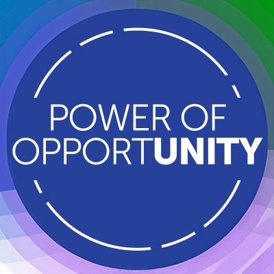 Power of Opportunity conference theme graphic featuring white text inside a blue circular design with purple and green accents.