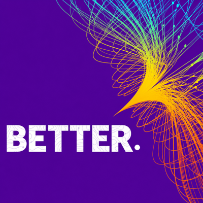 Better conference theme graphic featuring colorful neon abstract lines against a purple background.