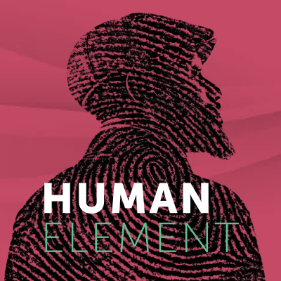 Human Element conference theme graphic featuring a fingerprint-style human silhouette against a red background.