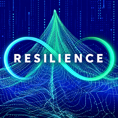 Resilience conference theme graphic featuring a glowing infinity symbol and digital wave patterns against a blue background.