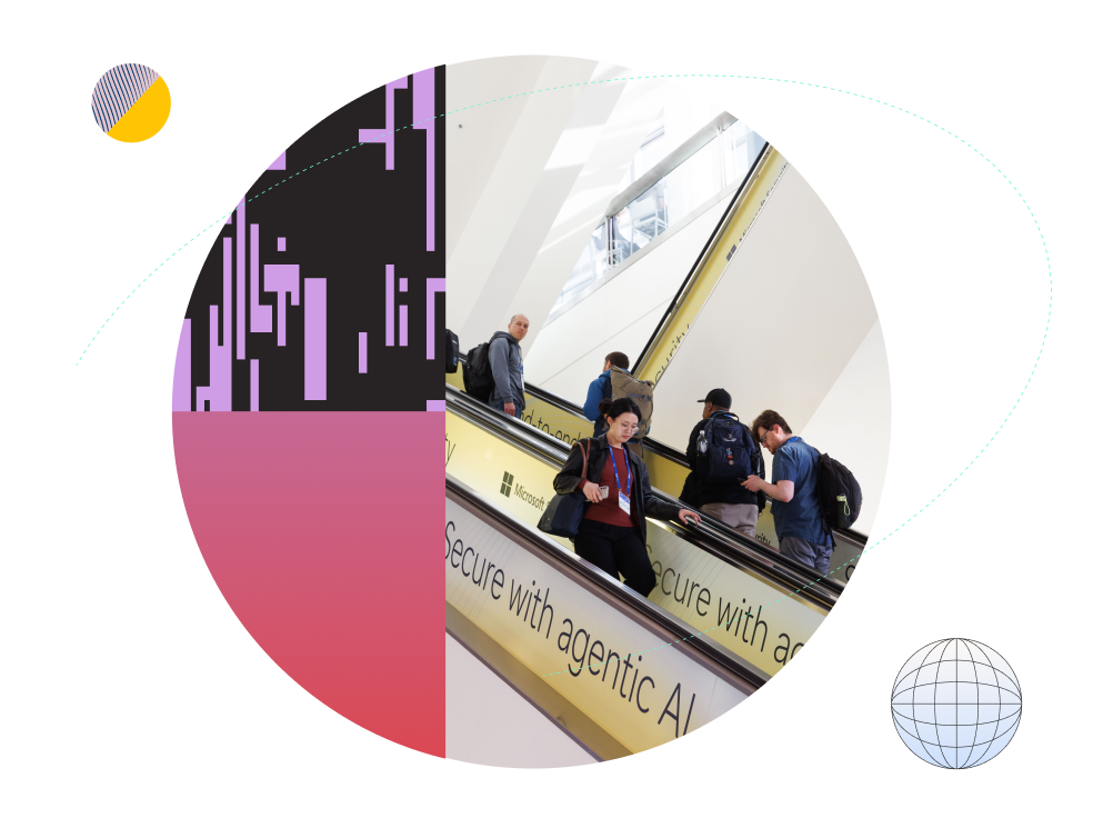 Conference attendees riding escalators inside a convention center, framed by a circular design with purple, pink, and black geometric patterns.