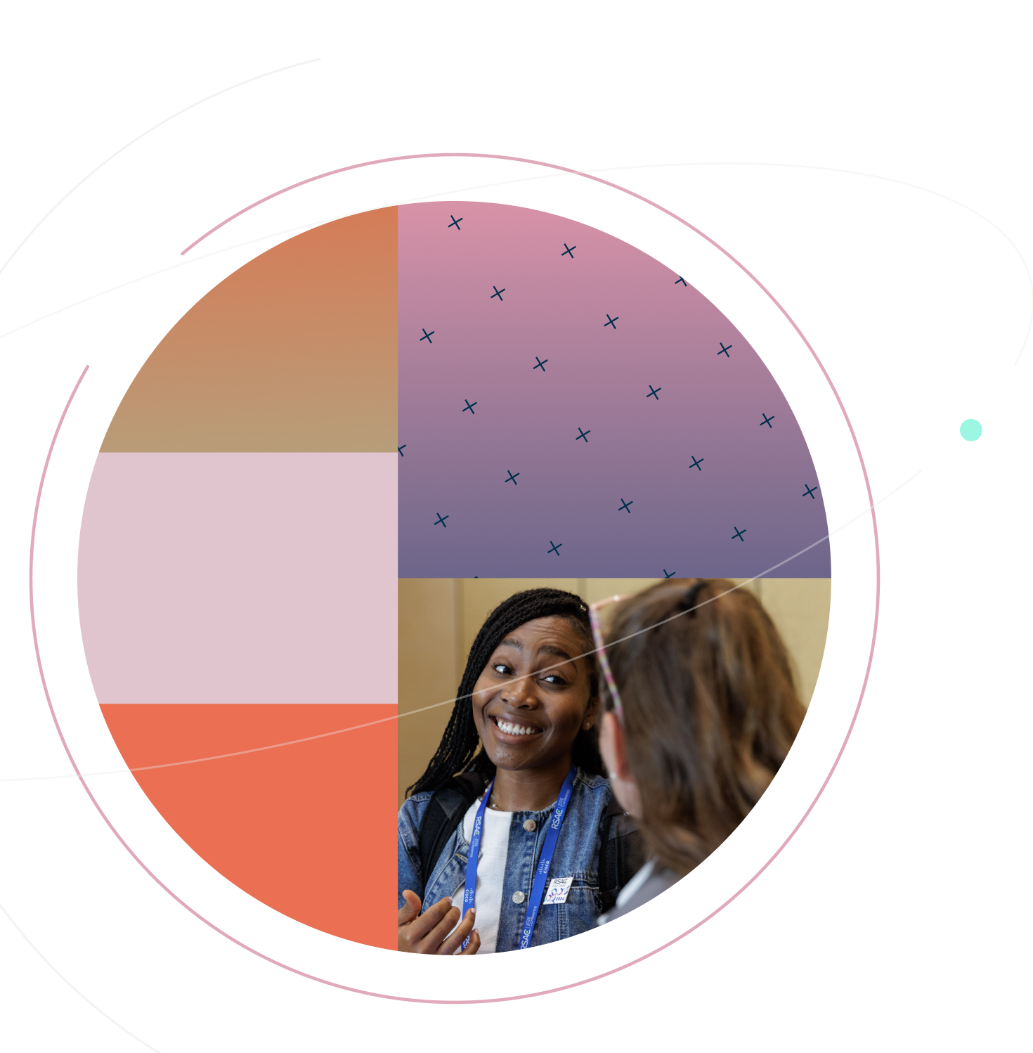 Two women having a conversation at a conference, framed within a large circle featuring pink, orange, and purple geometric patterns against a dark blue background.