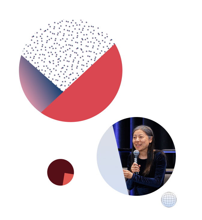 Woman speaking into a microphone during an RSAC event, framed by circular graphics against a pink-to-blue gradient background.
