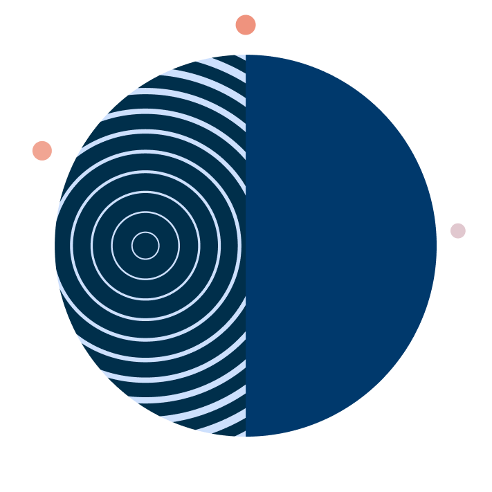 Navy blue circular graphic featuring concentric white rings on one half and a solid blue semicircle on the other.