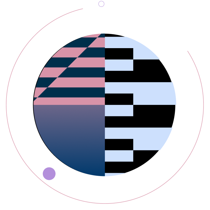 Abstract circle featuring pink and navy diagonal stripes, light blue and black rectangular patterns, and a thin pink circular outline.