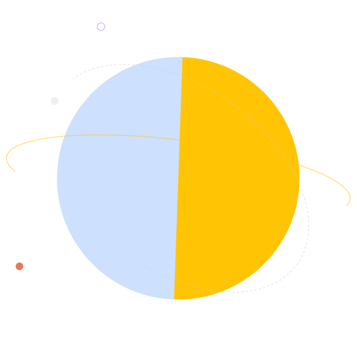Abstract circle divided into light blue and bright yellow sections, surrounded by thin curved lines and small colorful dots.