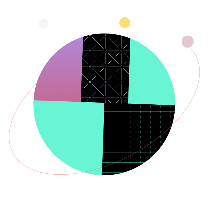 Abstract circle featuring mint green, purple, and black geometric patterns, surrounded by thin curved lines and pastel dots.