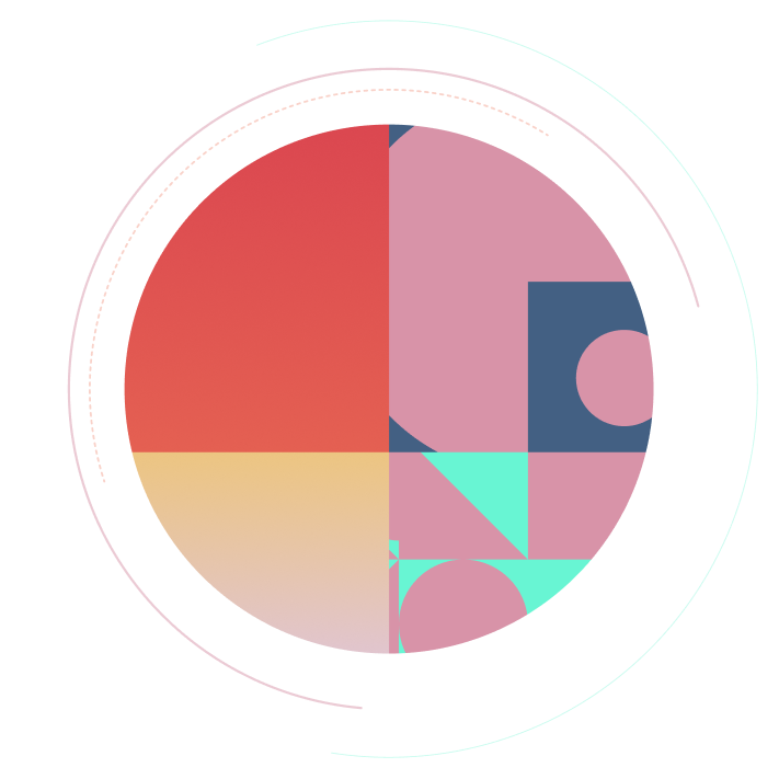 Abstract circular illustration featuring coral, pink, mint green, and orange geometric shapes.