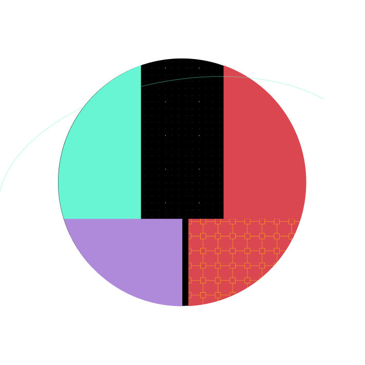 Abstract circle divided into mint green, black, red, and purple sections with geometric patterns.
