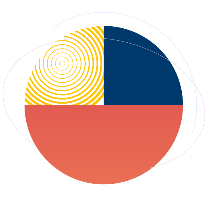 Abstract circle divided into sections featuring yellow concentric lines, a navy blue quarter, and a coral-colored bottom half.