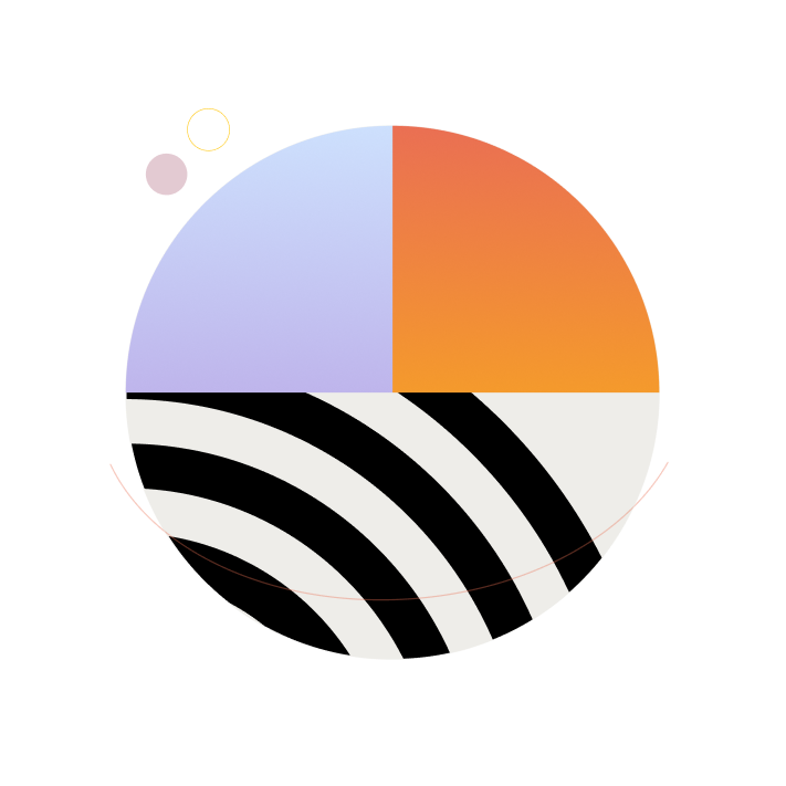Abstract circle with a orange section, light purple section, and stripes.
