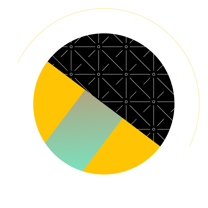 Abstract circle featuring yellow, mint green, and black sections with a geometric grid pattern.