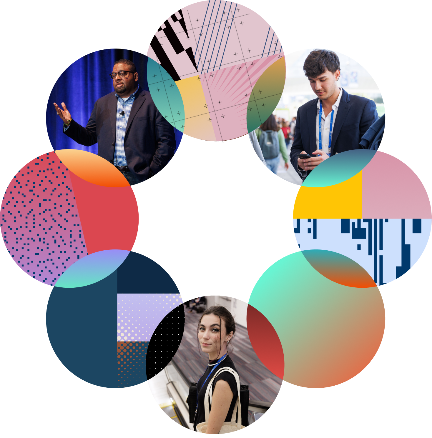RSAC logo surrounded by colorful overlapping circles featuring geometric patterns and photos of cybersecurity professionals and conference speakers.