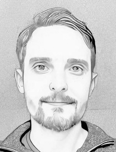 Chris Gates: Black-and-white illustrated portrait of Chris Gates with short hair and a goatee.