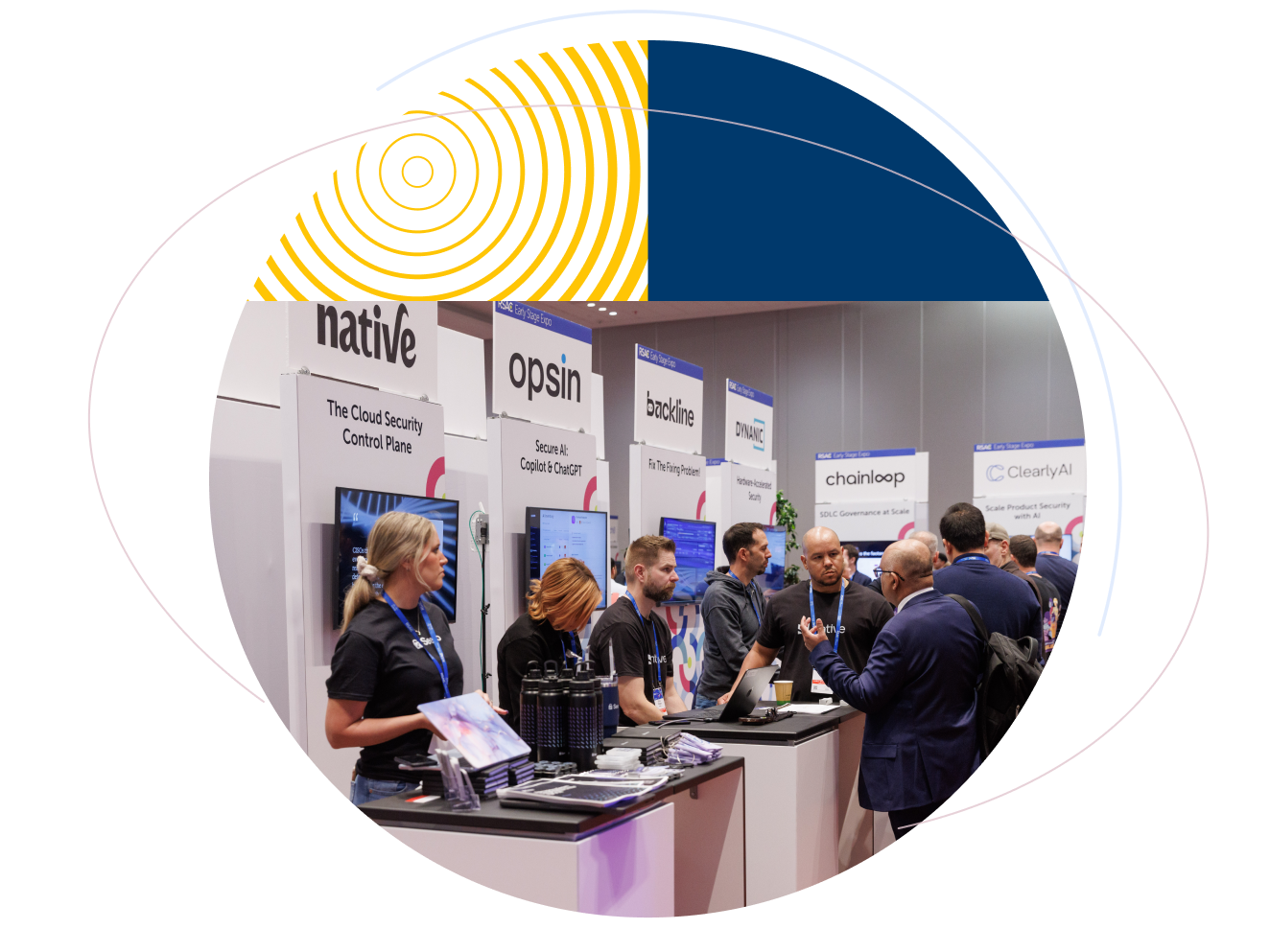 Cybersecurity professionals networking and speaking with exhibitors at RSAC Conference booths, framed by yellow and navy geometric patterns.
