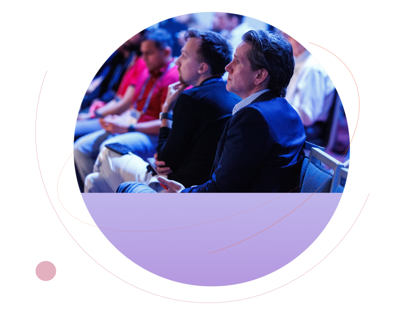 Conference attendees seated and listening to a presentation, framed within a circular image with lavender geometric accents.