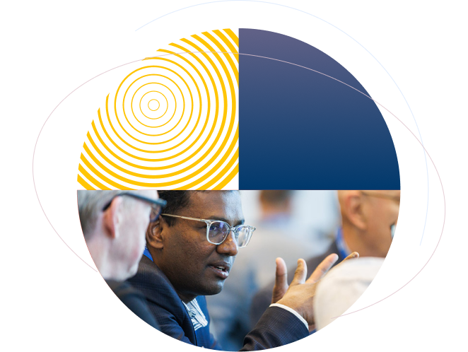 an wearing glasses and a navy suit gestures while speaking with other attendees at an RSAC networking event, framed by a circular graphic with yellow concentric rings and navy blue gradients.