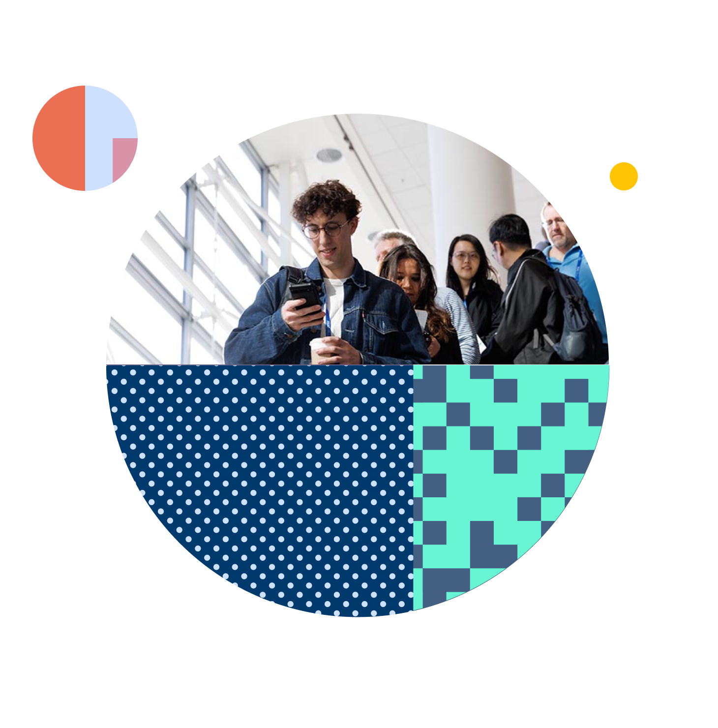 Conference attendees gathered in a bright convention center, with a man in glasses and a denim jacket looking at his phone, framed by colorful geometric patterns.