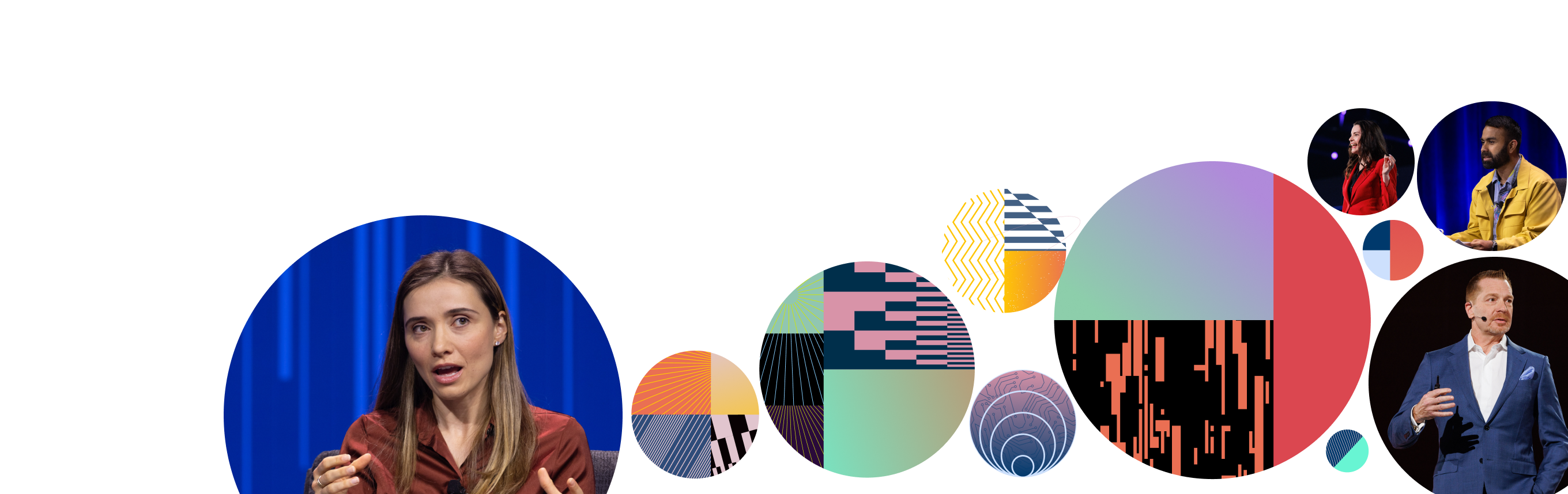 Collage of four conference speakers presenting on stage, surrounded by colorful circular geometric patterns in blue, pink, green, and orange.