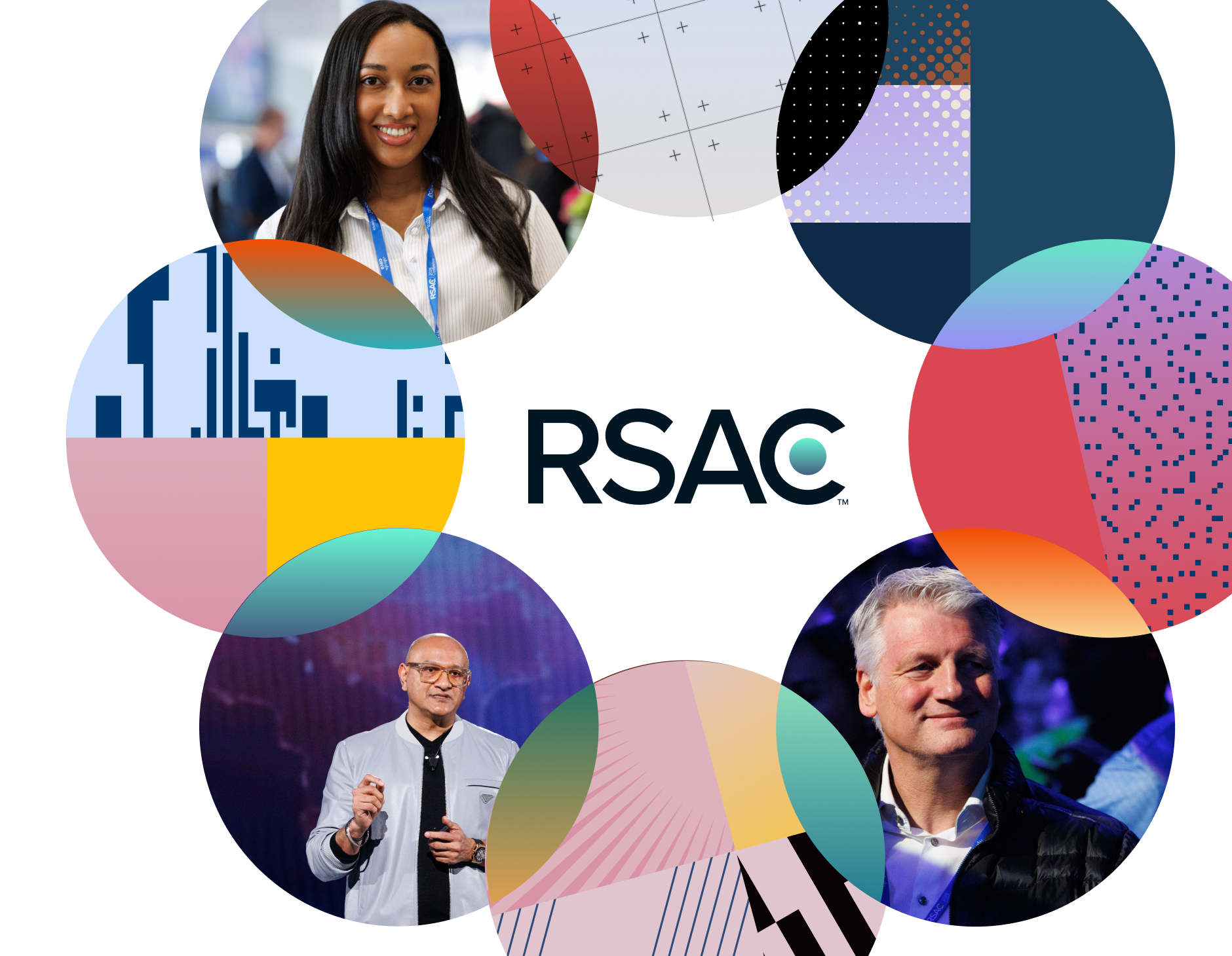 RSAC logo surrounded by colorful overlapping circles featuring geometric patterns and photos of cybersecurity professionals and conference speakers.