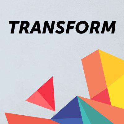 Transform conference theme graphic featuring colorful abstract geometric shapes.