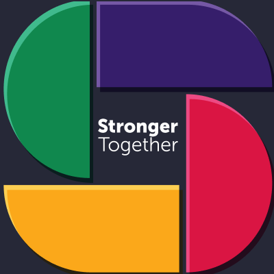 Stronger Together conference theme graphic featuring overlapping green, purple, yellow, and red geometric shapes.