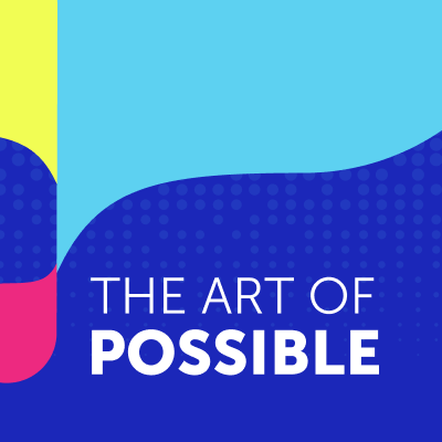 The Art of Possible conference theme graphic featuring bold white text against a blue and teal abstract background.