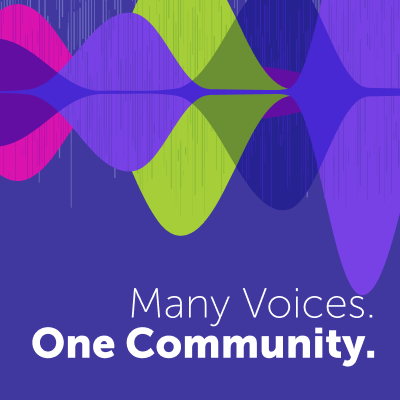Many Voices. One Community. conference theme graphic featuring colorful overlapping purple, green, and pink shapes.