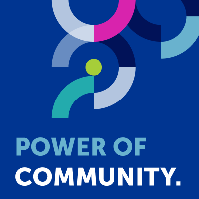Power of Community conference theme graphic featuring blue and teal circular patterns.