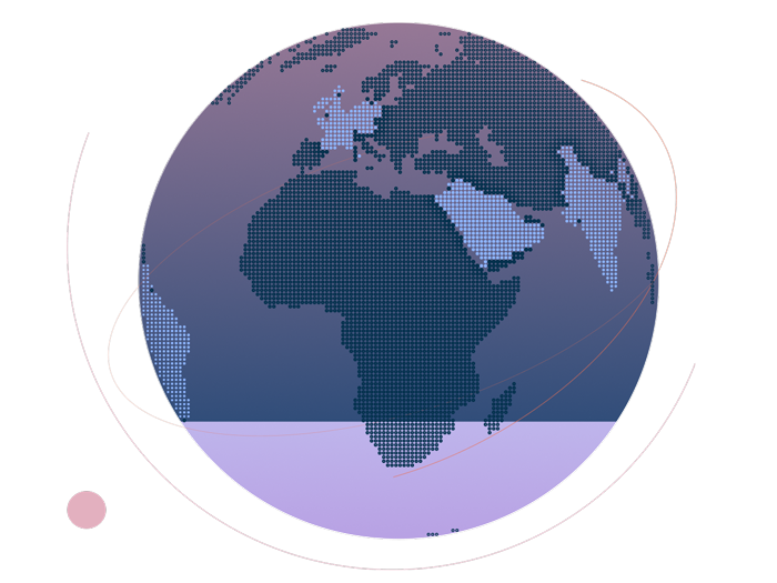 Abstract illustration of a globe centered on Africa, Europe, and the Middle East, featuring a blue and purple dotted map with thin circular lines.