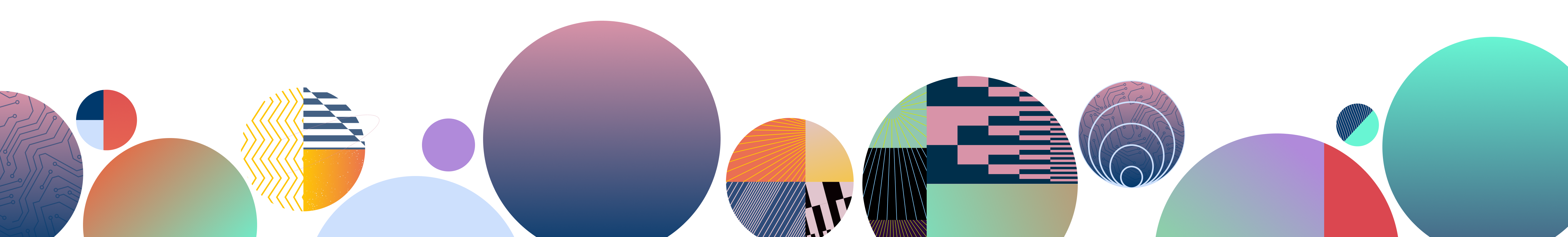 Decorative banner featuring colorful circles, gradients, geometric patterns, and abstract shapes in shades of blue, pink, green, orange, and purple.