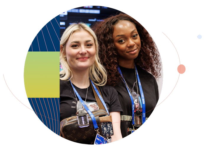 Two smiling women wearing black shirts and RSAC conference badges, framed by navy blue and green geometric patterns.