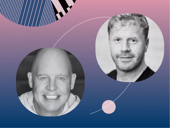 Black-and-white headshots of two men, one bald and smiling and the other with short curly hair, against a purple and navy gradient background.
