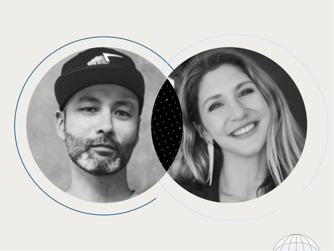 Black-and-white headshots of a man wearing a baseball cap and a smiling woman with long hair, displayed in overlapping circles.