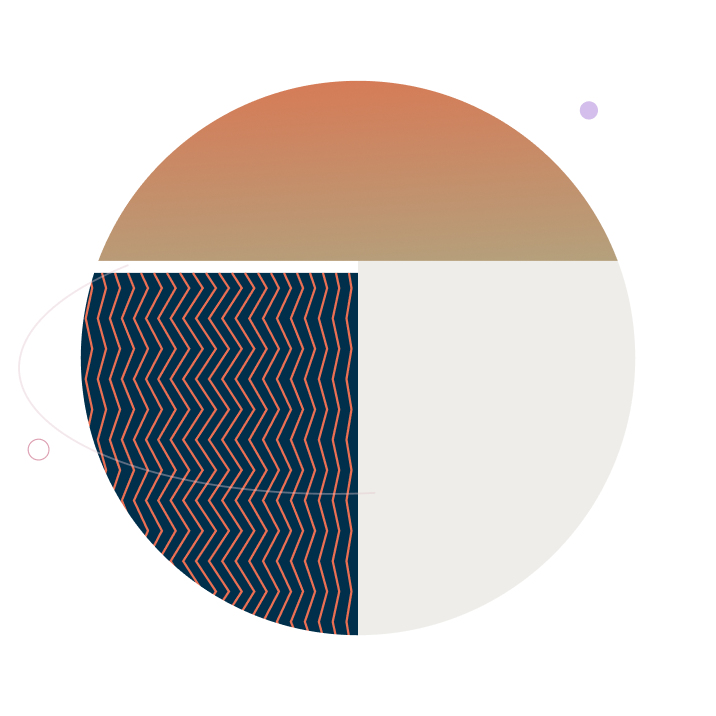 Abstract circular graphic featuring orange and beige gradients with navy blue geometric patterns.