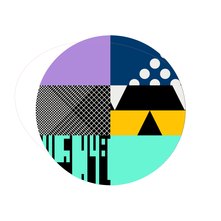 Abstract circle featuring purple, navy, yellow, mint green, and black-and-white geometric patterns.