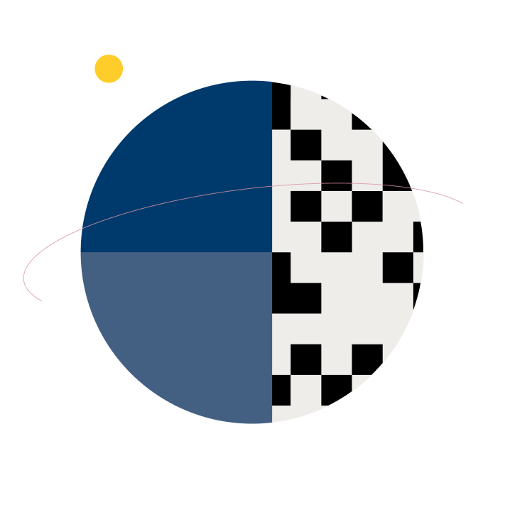 Circular graphic divided into navy blue, slate blue, and black-and-white pixelated sections with a thin decorative orbit line.