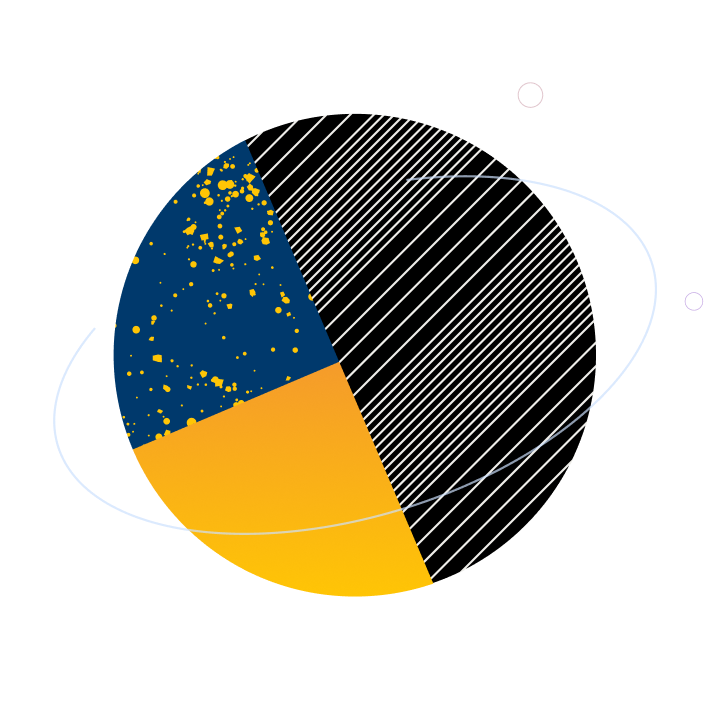 Circular abstract graphic featuring black diagonal lines, blue and yellow sections, and small scattered yellow dots.