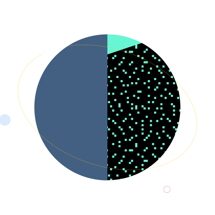 Abstract circular graphic featuring a solid slate blue semicircle and a black section with mint green pixelated dots.