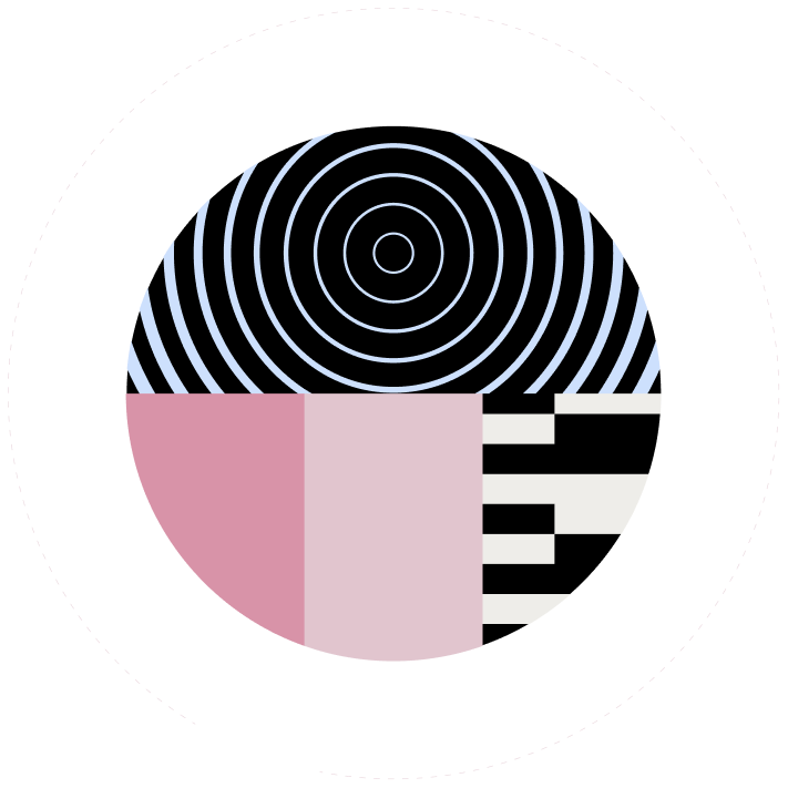 Abstract circle featuring black-and-white concentric rings, striped patterns, and pink geometric sections.