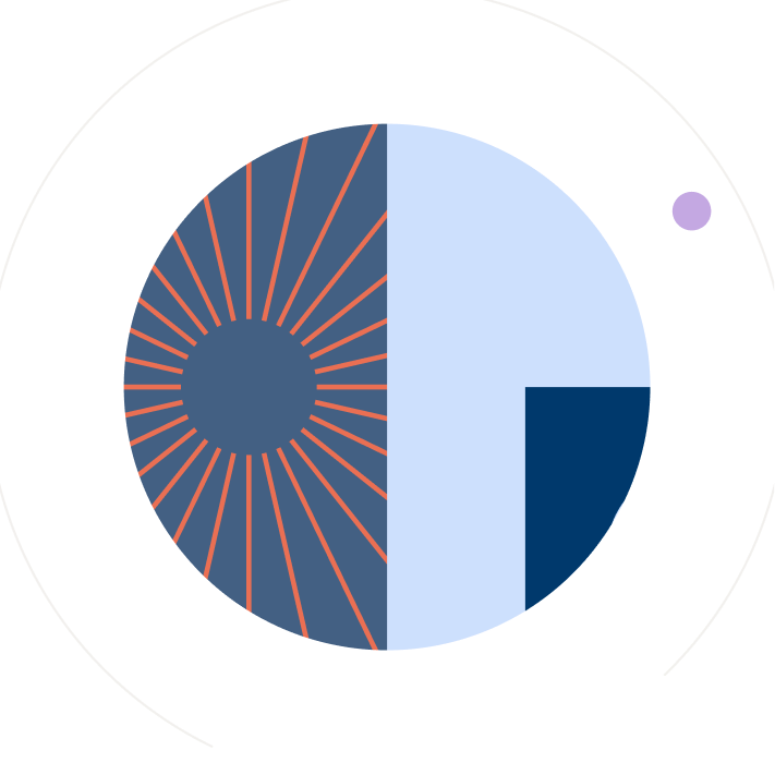 Abstract circular graphic featuring orange radial lines, light blue sections, and navy geometric shapes.